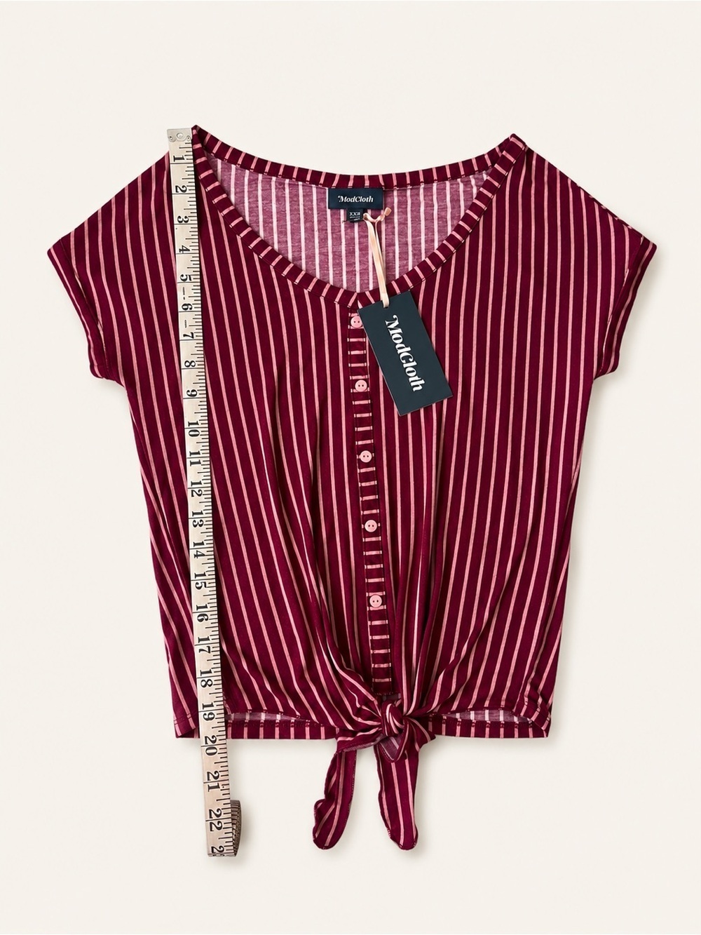 NWT ModCloth Timely Arrival Tie Waist Top -
Red and Pink Stripes - Picture 5 of 10